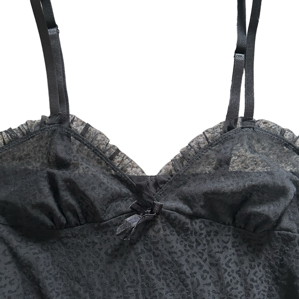 Y2K Black Leopard Print Sheer Mesh Lace Ruffle Trim Slip Mini Dress - Picture 4 of 6